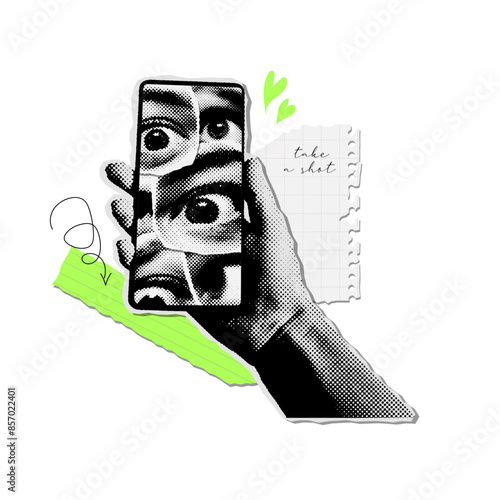 Trendy vintage cut out elements of halftone collage. Concept of social media, selfie photo. Grunge hand holding phone with doodle elements. Retro vector illustration.