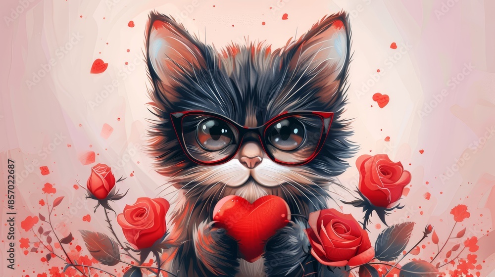 Cute cartoon cat wearing glasses holding a heart with red roses around it. Cute cartoon cat wearing glasses holding a heart with red roses around it.