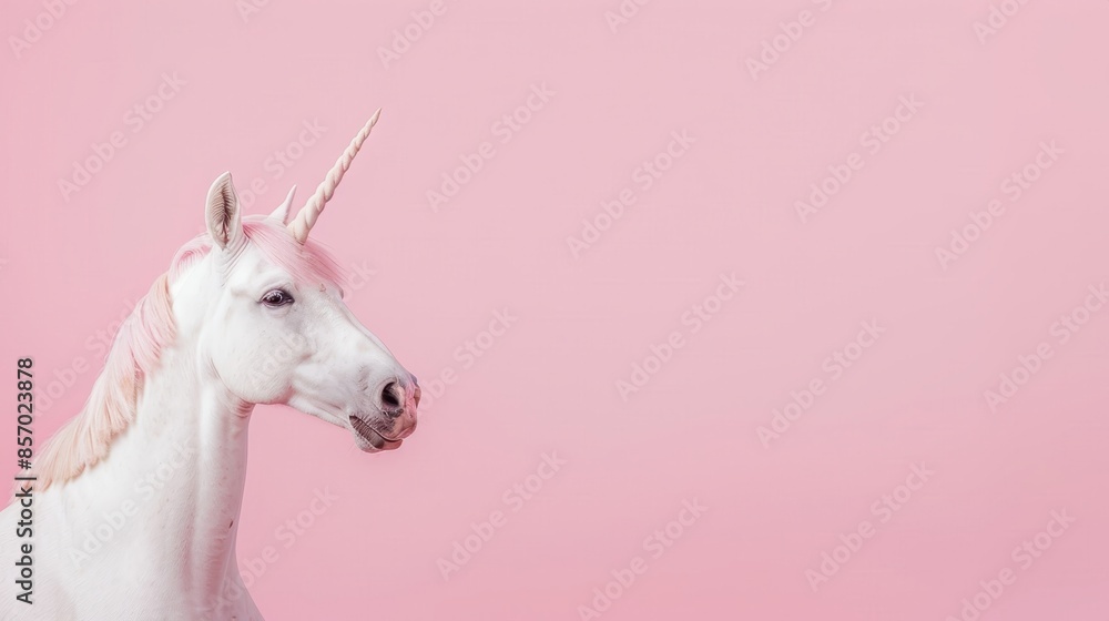 Elegant white unicorn with pink mane on pastel pink background Elegant white unicorn with pink mane on pastel pink background