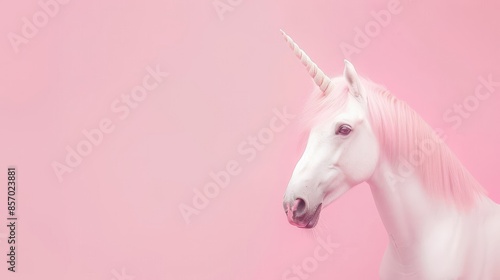 Majestic white unicorn with pink mane on soft pink background © fillmana