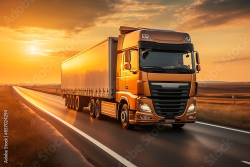Truck with trailer on the highway at sunset.