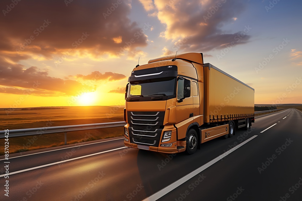 Truck with trailer on the highway at sunset. Truck with trailer on the highway at sunset.