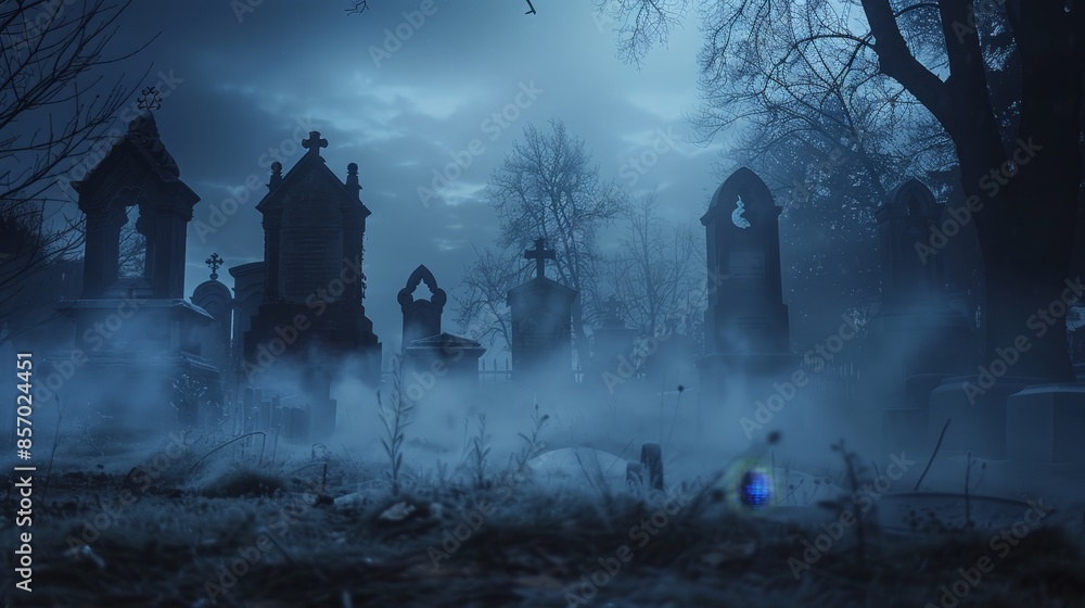 Visualize an eerie, foggy graveyard at night. Picture the ground-level smoke curling around the tombstones, adding a spooky, otherworldly atmosphere to the scene.
