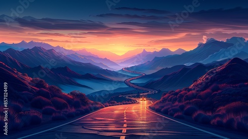 A winding mountain road stretching endlessly ahead, with the car's headlights illuminating the path through the darkness. Illustration, Minimalism,