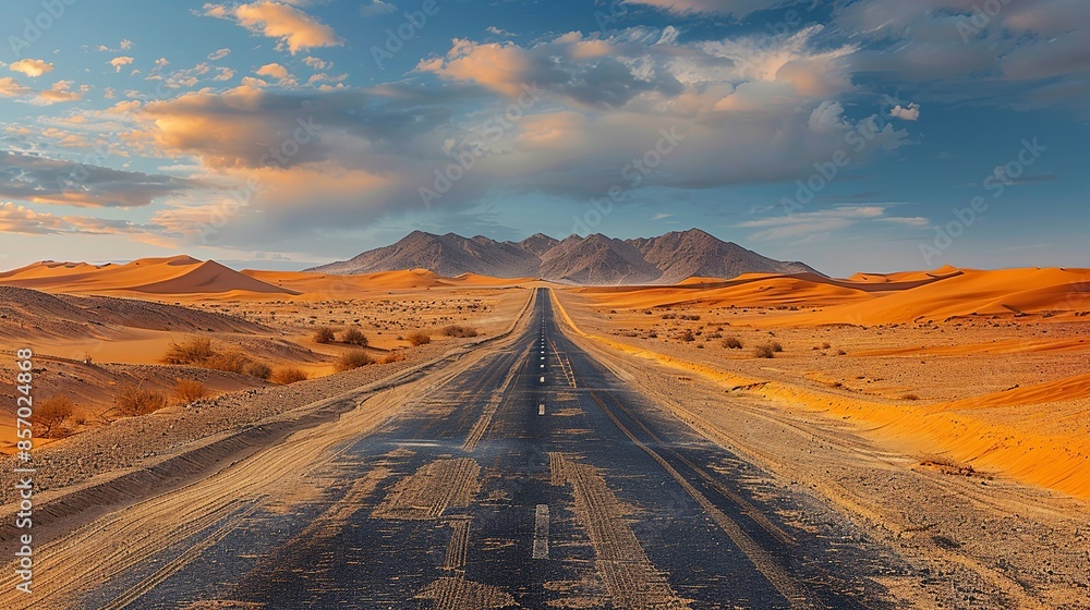 Naklejka premium A long desert highway disappearing into the distance, with the vast expanse of sand dunes visible on either side. Illustration, Minimalism,