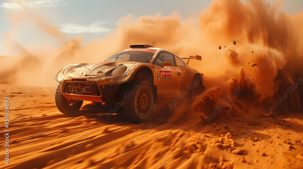 Rally racing car on dirt track, in the desert, extreme sport activities theme, created with generative ai Rally racing car on dirt track, in the desert, extreme sport activities theme, created with generative ai
