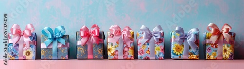 A variety of small, wrapped gifts with floral patterns and bows line up on a pink surface against a pale blue background. photo