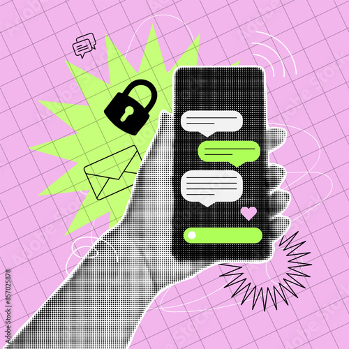 Dotted Halftone collage of hand holding smartphone with messages on the screen, web banner on bright neon background. Secure messenger concept. Grunge Vector illustration.