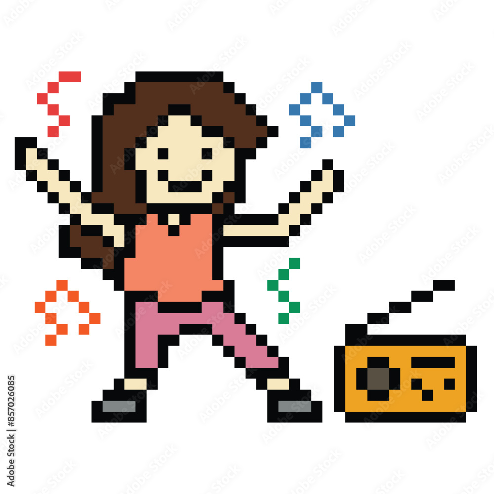 Cute pixel cartoon 8bit character woman exercises training dance lifestyle vector decoration life style 8 bit female girl dance with music game fitness isolated vector. Cute pixel cartoon 8bit character woman exercises training dance lifestyle vector decoration life style 8 bit female girl dance with music game fitness isolated vector.