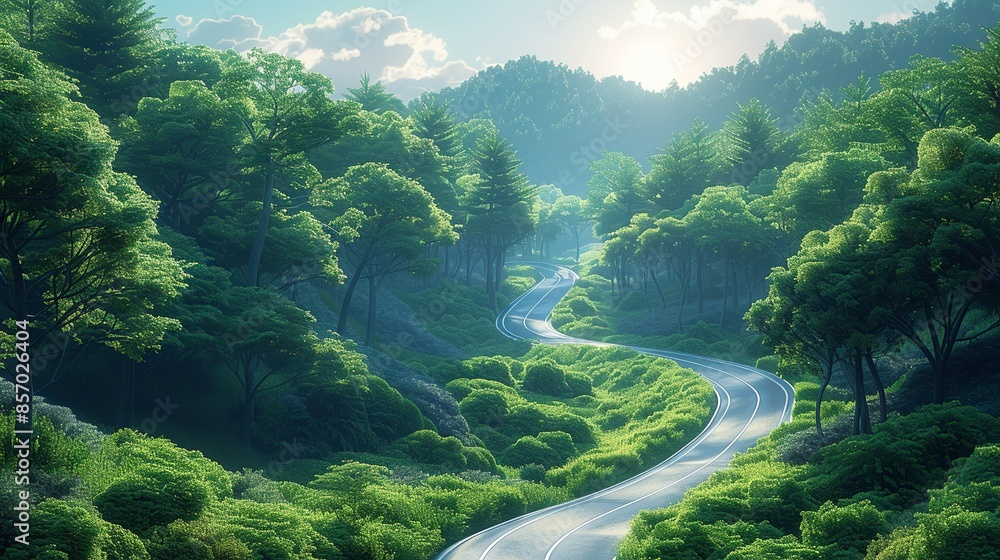 A winding road cutting through a dense forest, with sunlight filtering through the trees to create a magical atmosphere. Illustration, Minimalism,
