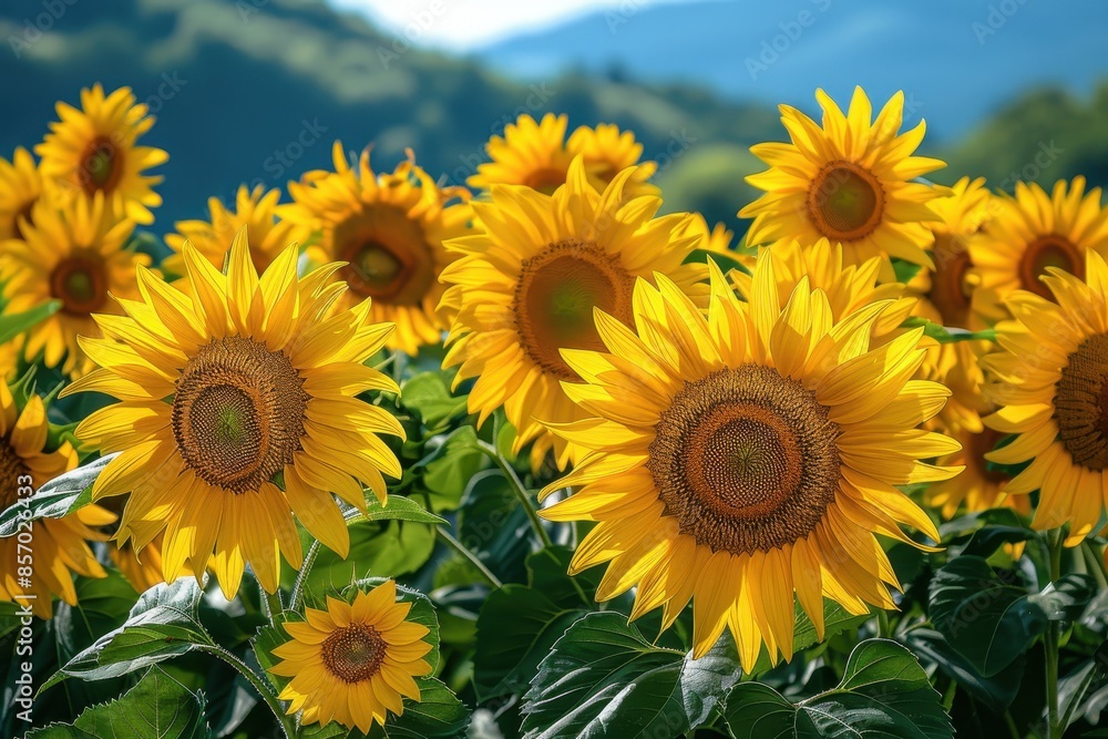 A field of sunflowers in full bloom, with a clear blue sky overhead. A field of sunflowers in full bloom, with a clear blue sky overhead.
