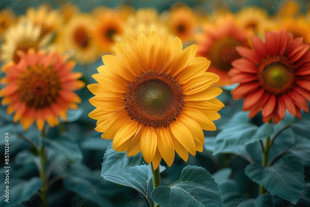 A field of sunflowers in full bloom, with a clear blue sky overhead. A field of sunflowers in full bloom, with a clear blue sky overhead.