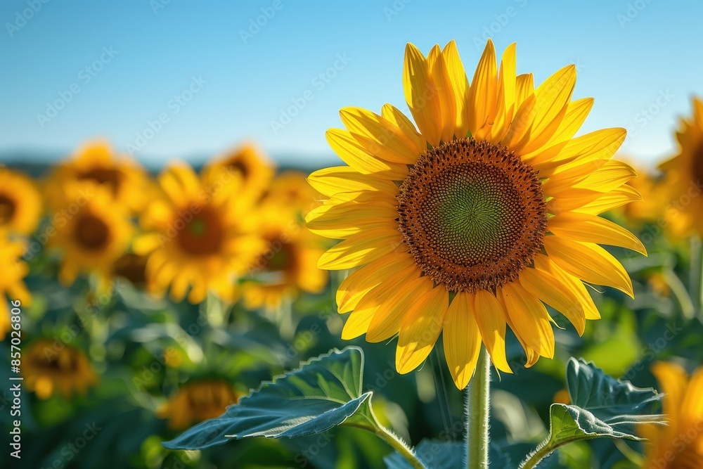 Fototapeta premium A field of sunflowers in full bloom, with a clear blue sky overhead.