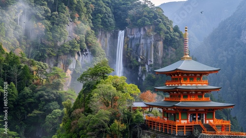 Kumano Nachi Taisha Shrine with Waterfalls, Autumn Season, Kumano, Japan
