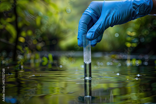A hand in a glove collects a water sample in a test tube, representing the concept of water purity analysis, environment, and ecology.