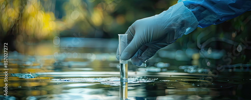 A hand in a glove collects a water sample in a test tube, representing the concept of water purity analysis, environment, and ecology.