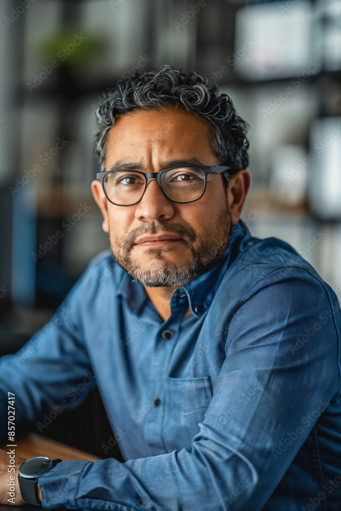 Fototapeta premium a headshot of a latin entrepreneur wearing glasses at office, CEO at the office portrait