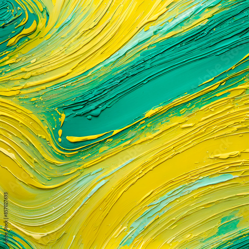 Abstract yellow greenoil painting on canvas. Oil paint texture with brush and palette knife strokes. Modern art, cover design concept photo