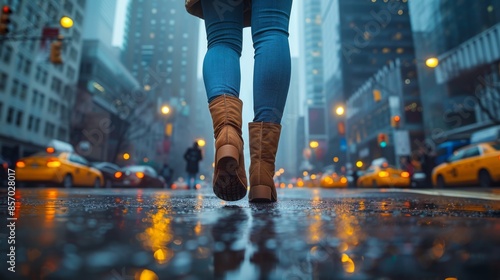Leisurely walk in the city with a close-up image focusing on female legs as they stroll through a scenic outdoor setting.