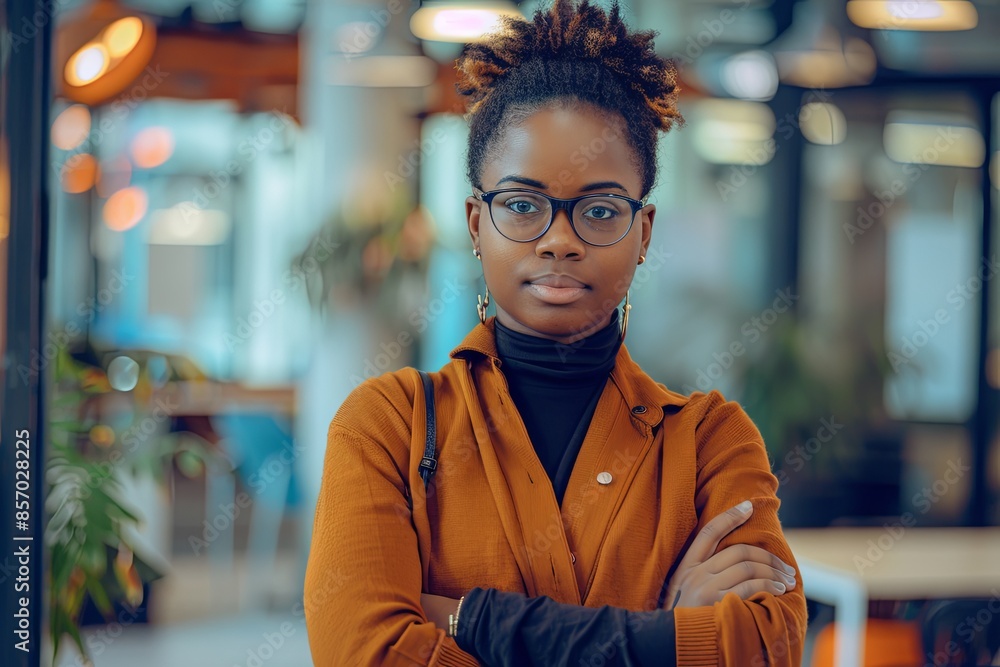 Fototapeta premium Portrait of a young successful Afro American woman and programmer, standing in an office center.