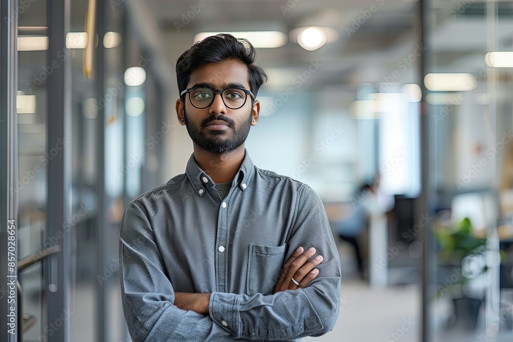 Portrait of a young successful Indian programmer, employer standing in an office center. Portrait of a young successful Indian programmer, employer standing in an office center.