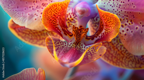 Close-Up of Vibrant Orchid Flower with Intricate Patterns and Bright Colors in Full Bloom