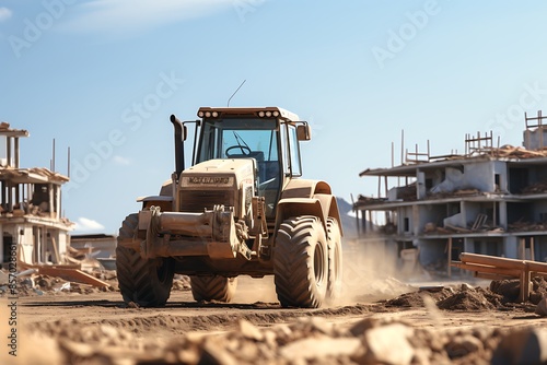 Tractor on the construction site. Construction industry. 3d rendering