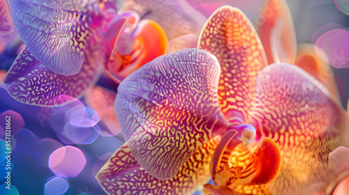 Vibrant Close-Up of Exotic Orchids with Colorful Bokeh Background in Soft Focus