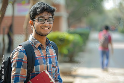Portrait of young Indian male student, applicant standing outside campus, preparing for exam.