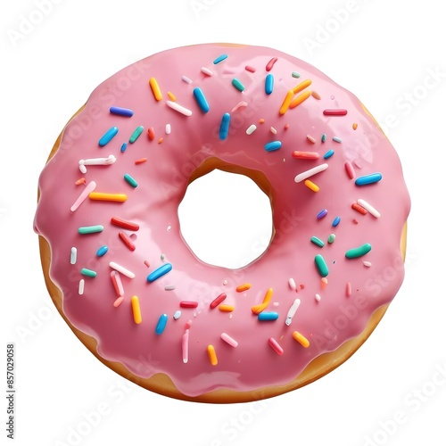 Isolated pink donut with sprinkles on a white background