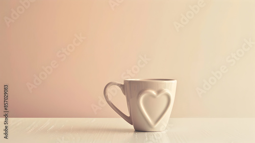 Elegant White Ceramic Mug with Heart Design on Minimalist Beige Background