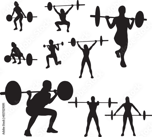 set of women's gym activities silhouettes, lifting weights for diet, suitable for sport template design.