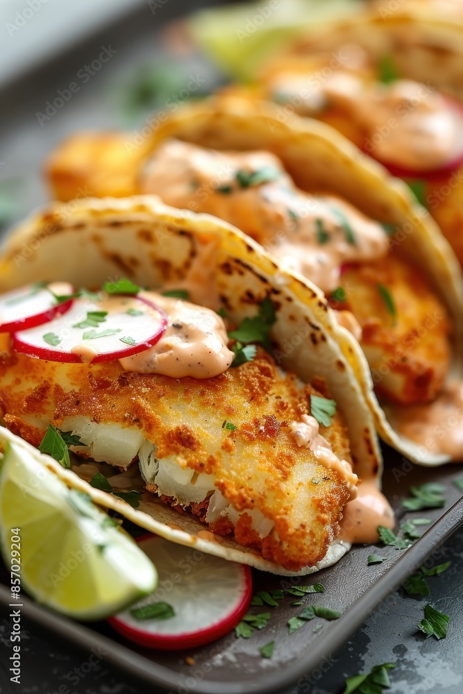 Crispy Fish Tacos with Creamy Sauce and Radishes Crispy Fish Tacos with Creamy Sauce and Radishes