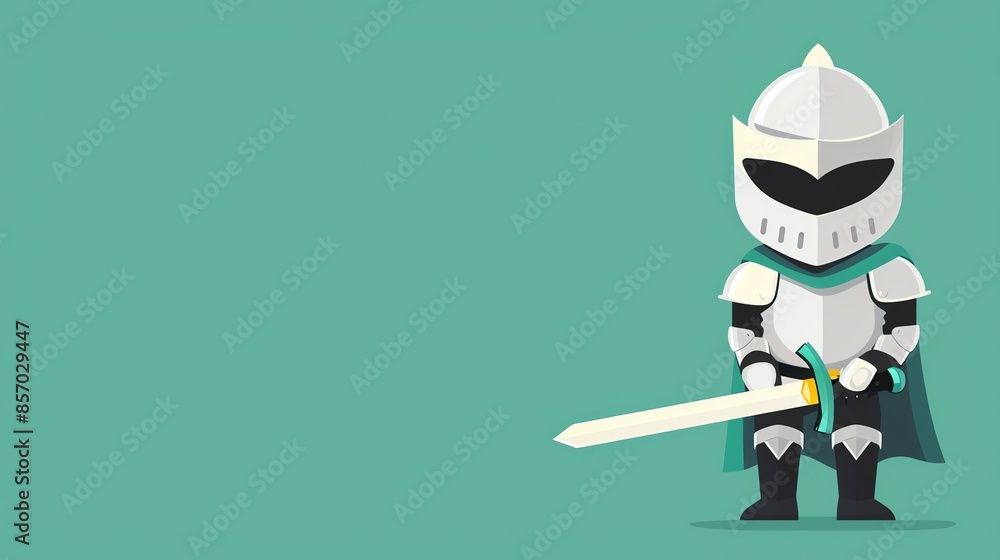 Obraz premium A cartoon knight in armor, with a sword, standing against a green background.