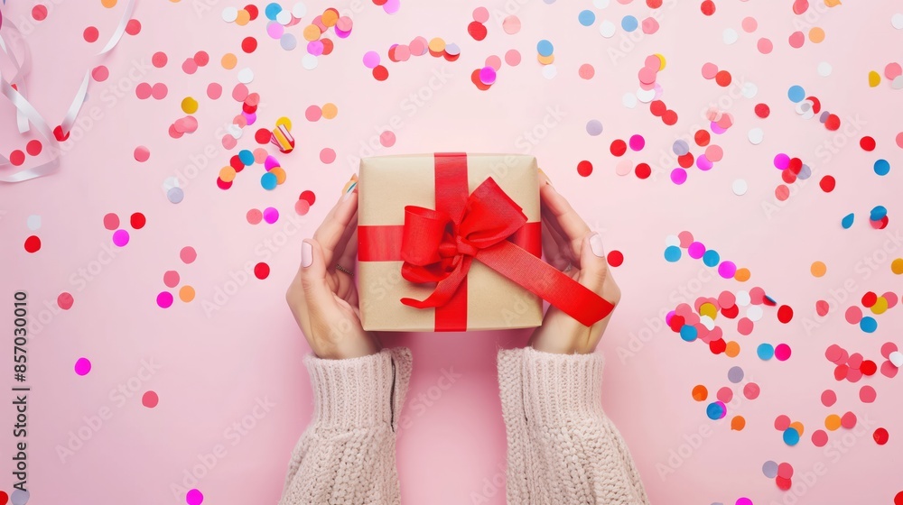 Woman hands holding a gift present box with a red bow, colorful confetti, pink background. Top view flat lay for birthdays, Christmas, wedding, Valentine's Day Woman hands holding a gift present box with a red bow, colorful confetti, pink background. Top view flat lay for birthdays, Christmas, wedding, Valentine's Day