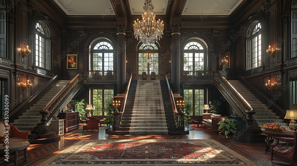 Fototapeta premium The grandeur of a historic mansion's foyer, with a sweeping staircase, intricate moldings, and a sparkling chandelier, evoking a sense of timeless elegance. Illustration, Minimalism,