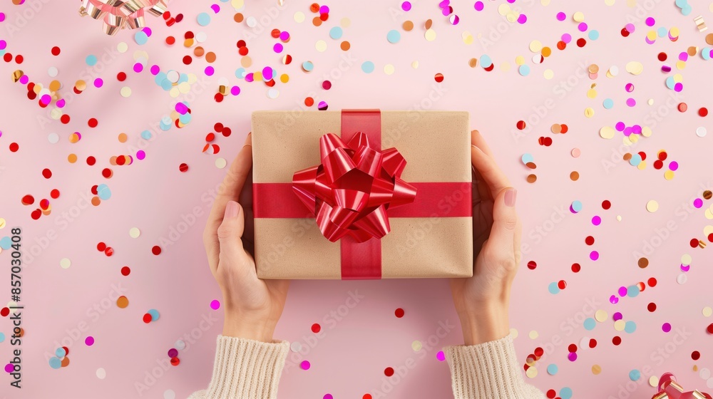 Woman hands holding a gift present box with a red bow, colorful confetti, pink background. Top view flat lay for birthdays, Christmas, wedding, Valentine's Day