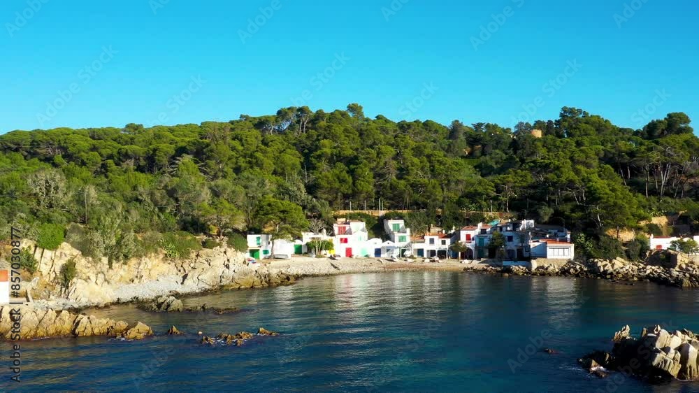 Costa brava, beach and traditional spanish village, aerial view Costa brava, beach and traditional spanish village, aerial view