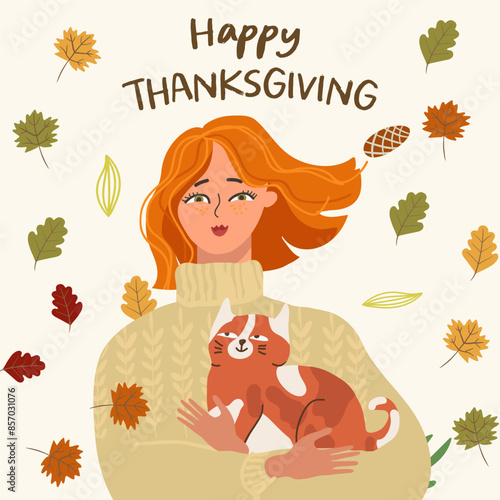 Redheaded girl holding a ginger cat in her arms, fall illustration, for invitations, cards, flyers, website design, fall vibes, thanksgiving. Hand drawn.