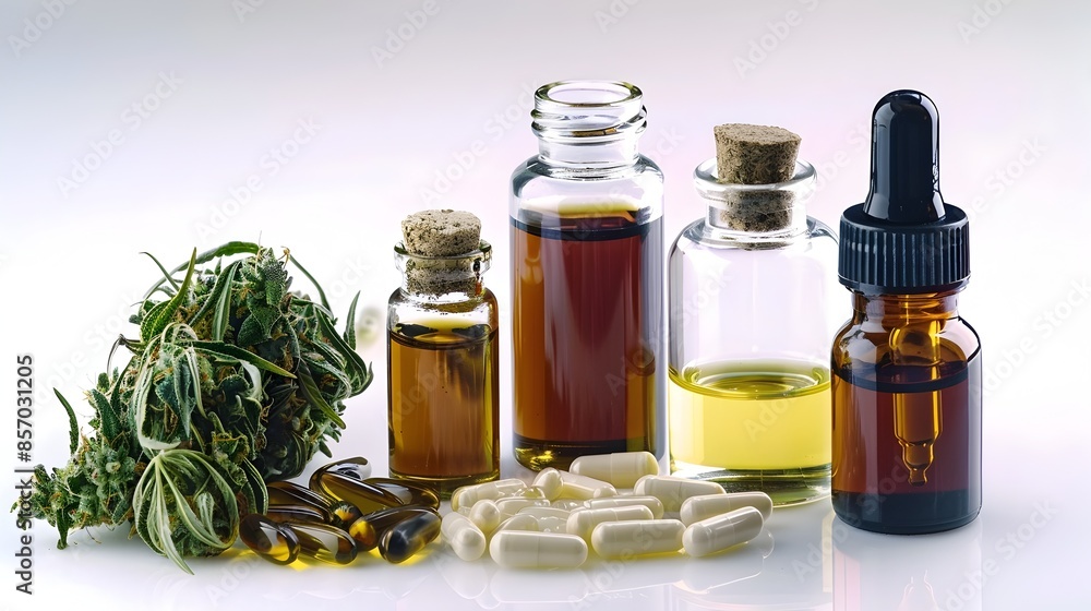 Medical Cannabis Products Displayed on Clean White Background Highlighting Therapeutic Uses Medical Cannabis Products Displayed on Clean White Background Highlighting Therapeutic Uses