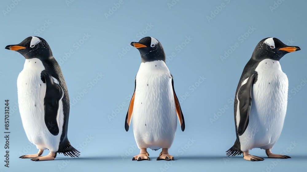 Fototapeta premium Three penguins standing in a row.