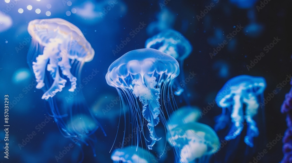 Glowing Jellyfish in a Deep Blue Aquarium Glowing Jellyfish in a Deep Blue Aquarium
