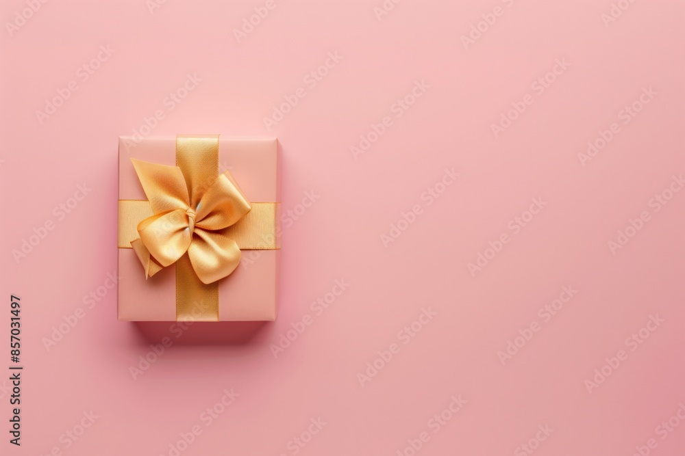 Elegant gift box with a golden ribbon on a soft pink or peach background with copyspace, ideal wallpaper poster for Valentine's Day, birthdays, and weddings. Elegant gift box with a golden ribbon on a soft pink or peach background with copyspace, ideal wallpaper poster for Valentine's Day, birthdays, and weddings.