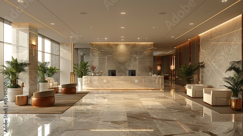 The sleek and modern design of a luxury apartment building lobby, with marble floors, designer furniture, and a concierge desk staffed by impeccably dressed attendants. Illustration, Minimalism,