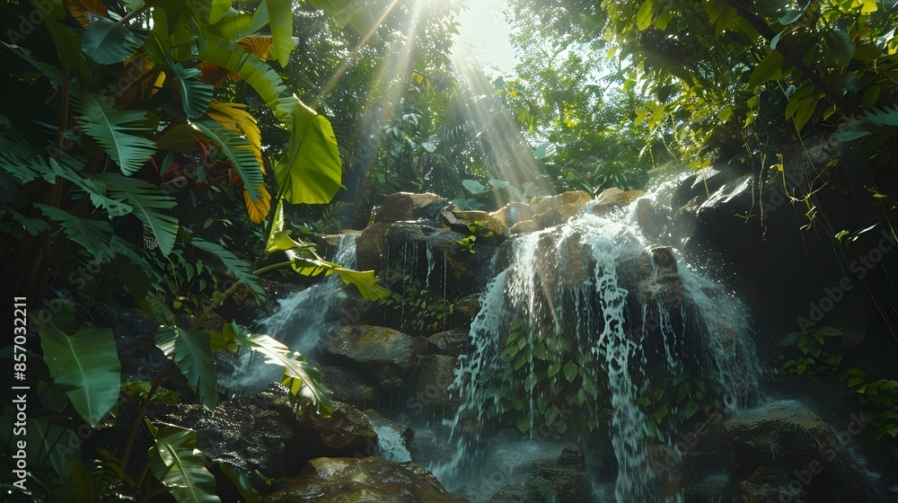 Stunning Hidden Waterfall in Lush Tropical Rainforest with Vibrant Foliage and Sunlit Canopy Stunning Hidden Waterfall in Lush Tropical Rainforest with Vibrant Foliage and Sunlit Canopy