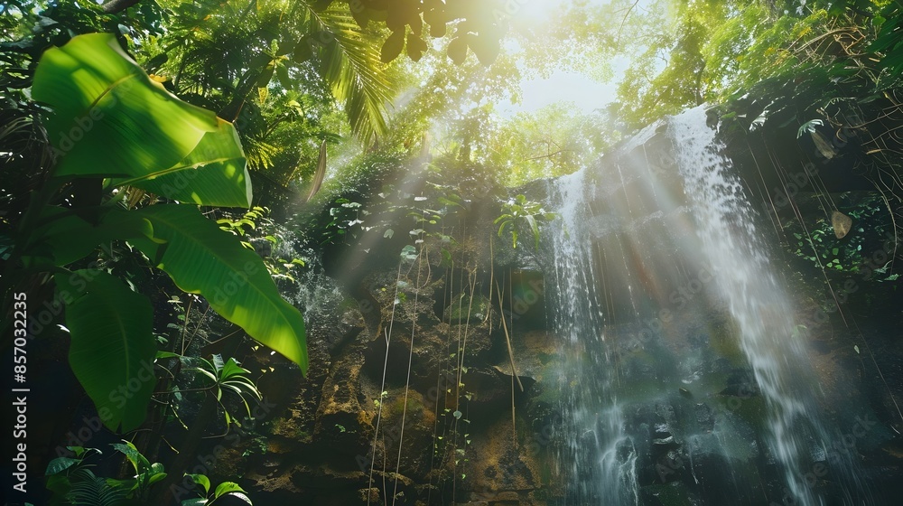 Captivating Hidden Waterfall in Lush Tropical Rainforest Landscape with Vibrant Flora and Sunlight Captivating Hidden Waterfall in Lush Tropical Rainforest Landscape with Vibrant Flora and Sunlight