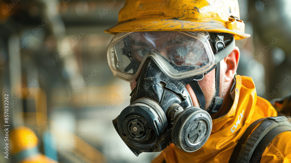 Industrial worker wearing safety gear, including a hard hat and respirator mask, in a factory setting. Industrial worker wearing safety gear, including a hard hat and respirator mask, in a factory setting.