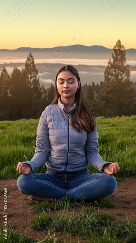 Peaceful Sunrise Meditation with Young Asian Woman in Serene Outdoor Setting