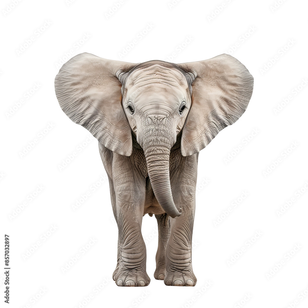Obraz premium Front view of a baby elephant with large ears and trunk, isolated on white background, showcasing the cuteness and majesty of wildlife.
