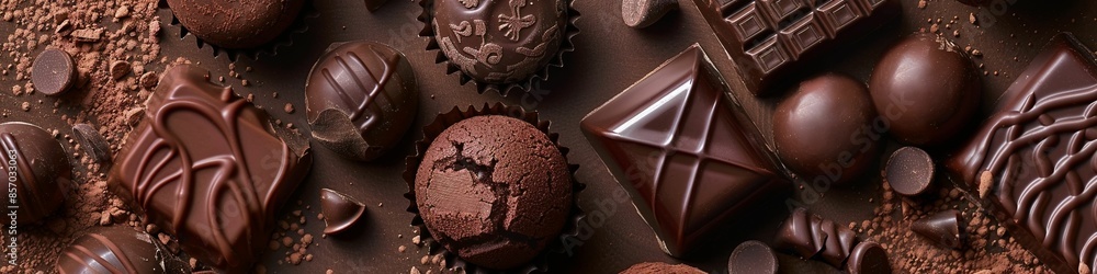 custom made wallpaper toronto digitalhorizontal image, top view closeup of chocolate set and cocoa beans. For World Chocolate Day, banner, design, LinkedIn, blog, social media, profile, wallpaper, shop, business